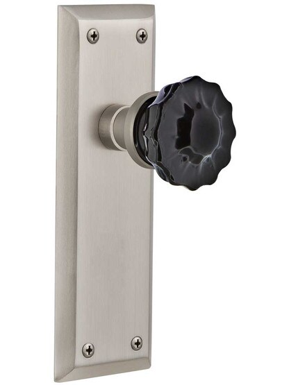 New York Door Set with Colored Fluted Crystal Glass Knobs Black in Satin Nickel.